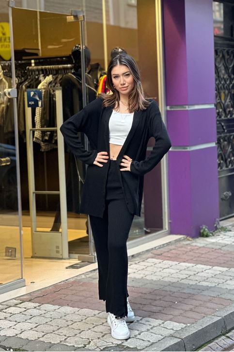 Gömlek Yaka Düğmeli Triko İkili Takım-Siyah