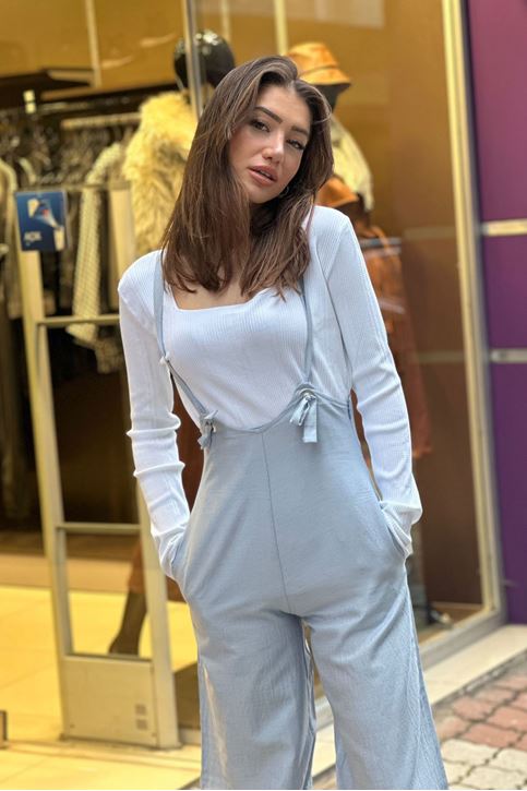 Bel Oturmalı Askılı Salopet Bol Paça Tulum-Gri