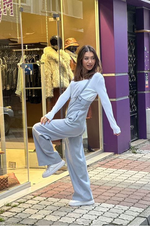 Bel Oturmalı Askılı Salopet Bol Paça Tulum-Gri