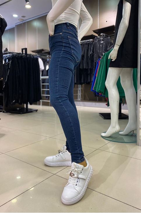 Yüksek Bel Dar Paça Likralı Kot-Lacivert