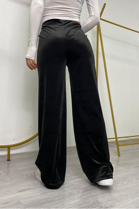 Bel Lastikli Bol Paça Kadife Pantolon-Siyah