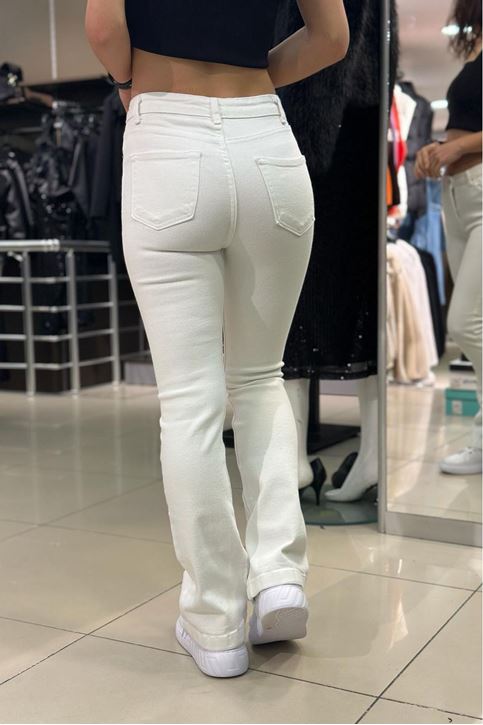 Tam Yüksek Bel Full Likralı İspanyol Paça Jean-Beyaz