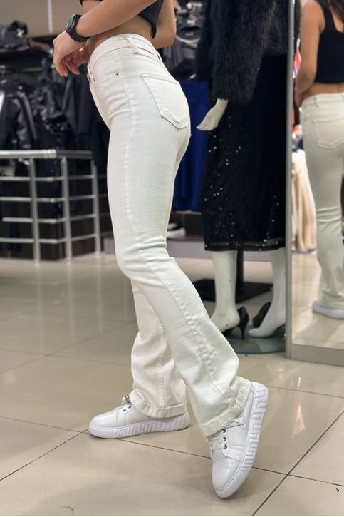Tam Yüksek Bel Full Likralı İspanyol Paça Jean-Beyaz