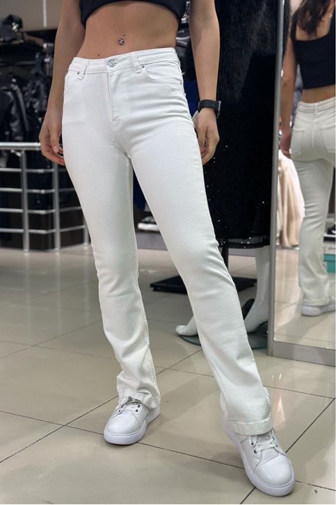 Tam Yüksek Bel Full Likralı İspanyol Paça Jean-Beyaz