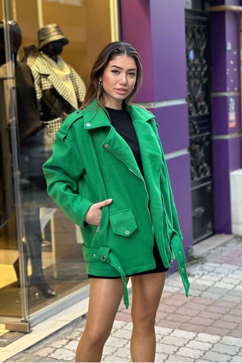 Kemer Çıtçıt Detaylı Fermuarlı Kaşe Ceket-Yeşil