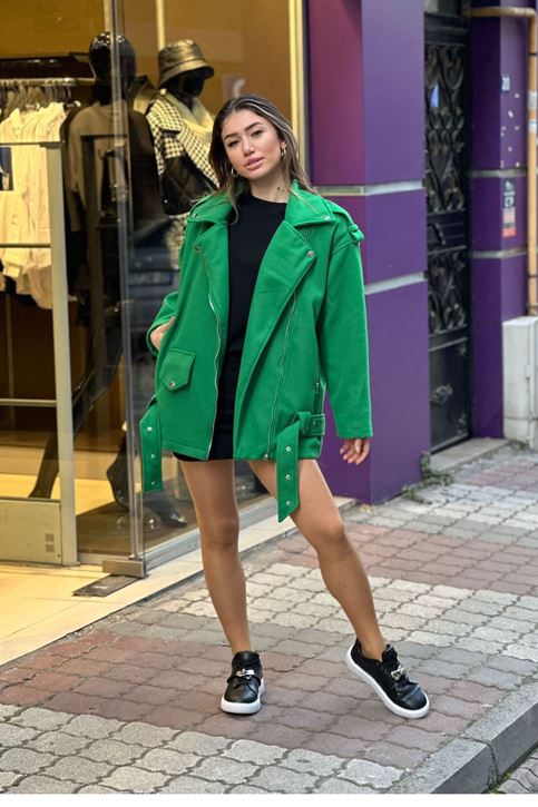 Kemer Çıtçıt Detaylı Fermuarlı Kaşe Ceket-Yeşil