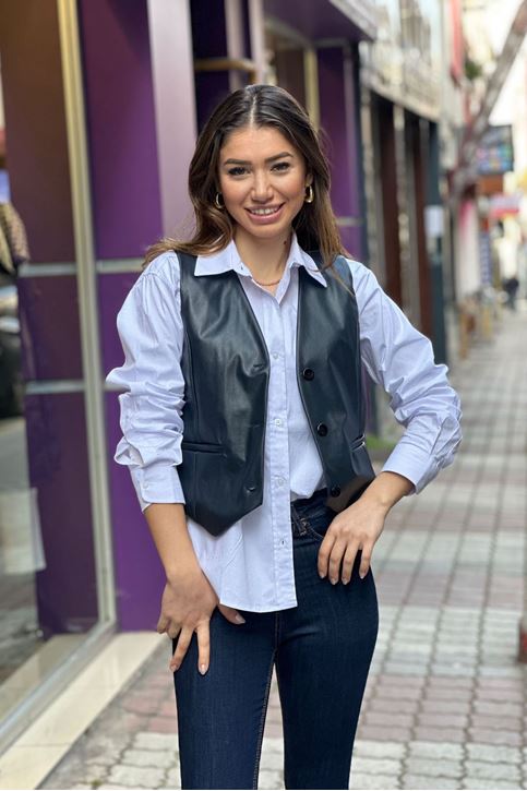 Deri Cepken Yelek-Lacivert