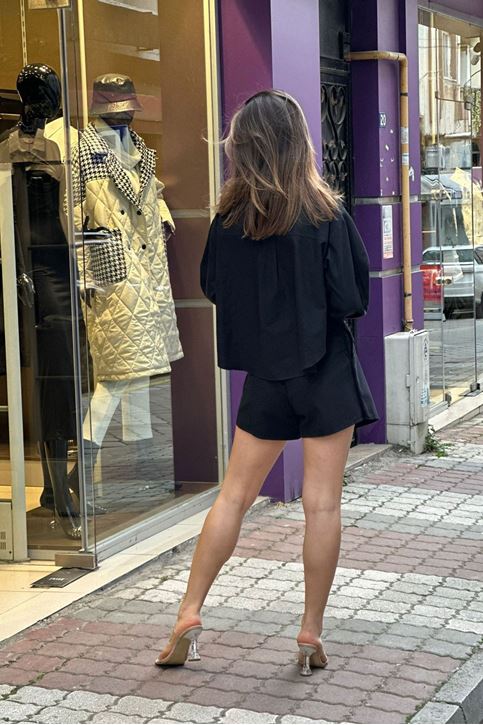 Gabardin Kesik Şortlu Takım-Siyah