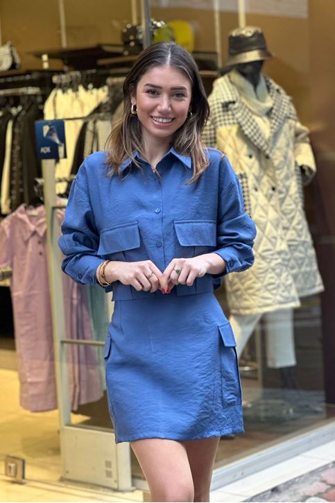 Büyük Cepli Gömlek Eteği Yan Cepl Keten İkili Takım-Mavi