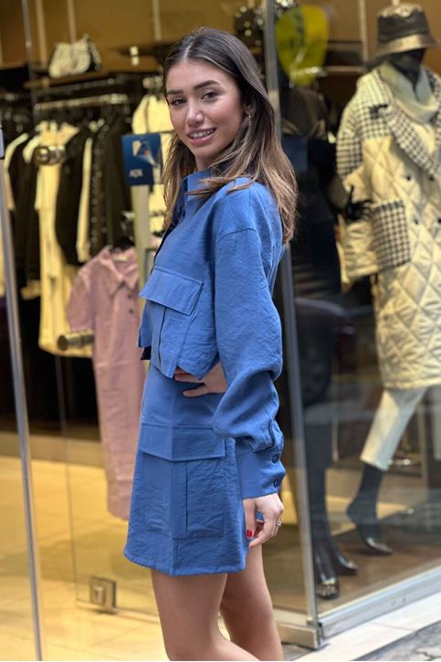 Büyük Cepli Gömlek Eteği Yan Cepl Keten İkili Takım-Mavi