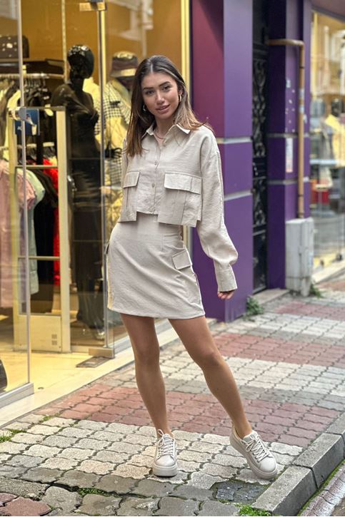 Büyük Cepli Gömlek Eteği Yan Cepl Keten İkili Takım-Krem