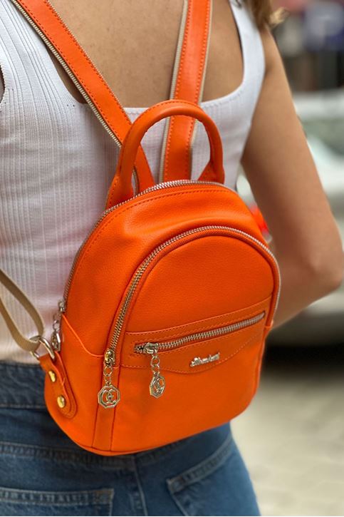 Mini Deri Ön Fermuar Detaylı Sırt Çanta-Turuncu