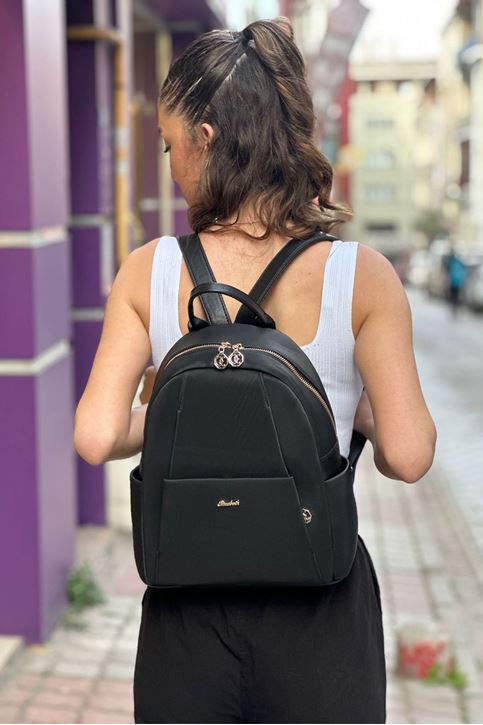 Ön Çift Fermuarlı Yan İki Cepli Sırt Çanta-Siyah