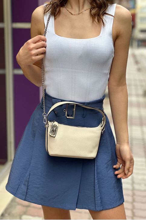 Kısa Askılı Deri Mini Kol Çanta-Krem