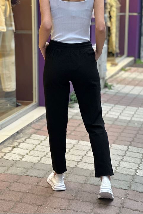 Bel Lastikli Düz Paça Keten Pantolon-Siyah