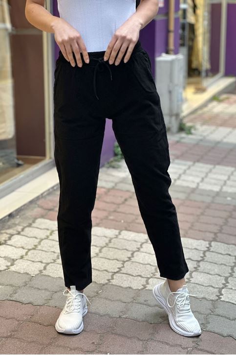 Bel Lastikli Düz Paça Keten Pantolon-Siyah