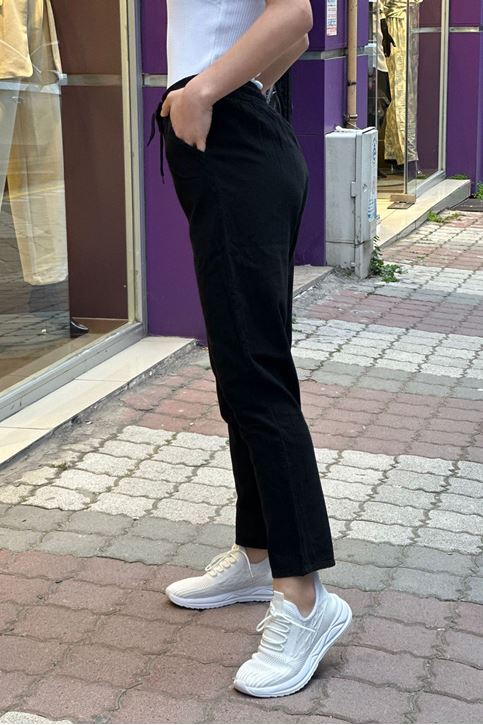 Bel Lastikli Düz Paça Keten Pantolon-Siyah