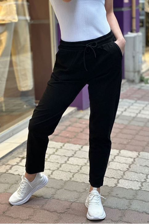 Bel Lastikli Düz Paça Keten Pantolon-Siyah