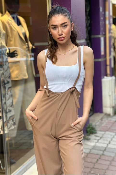 Bel Oturmalı Askılı Salopet Bol Paça Tulum-Vizon