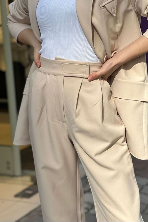 Bel Cırtlı Pile Detaylı Palazzo Kumaş Pantolon-Krem