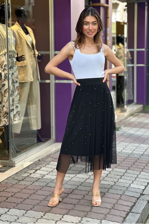 Beli Lastikli Tül İncili Etek-Siyah