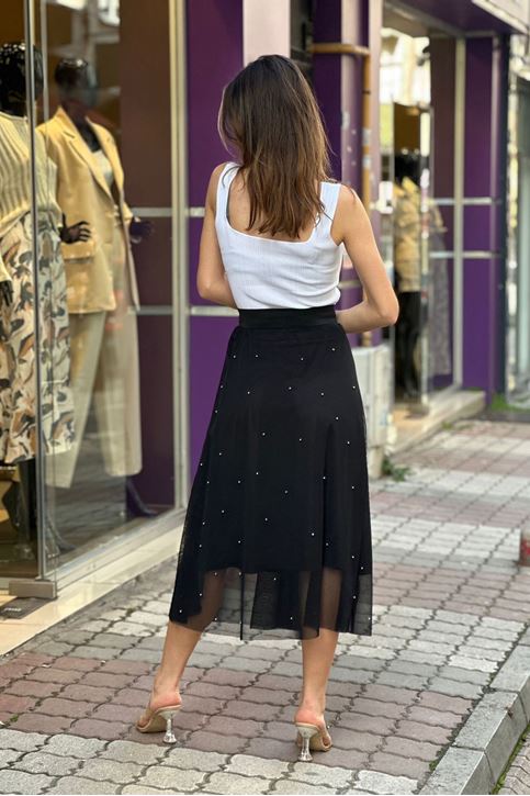Beli Lastikli Tül İncili Etek-Siyah