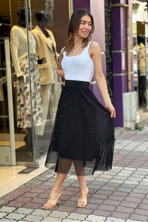 Beli Lastikli Tül İncili Etek-Siyah
