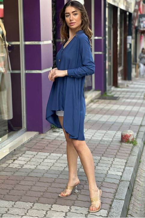 Derin V Yaka Düğmeli Salaş Keten Bluz-Mavi