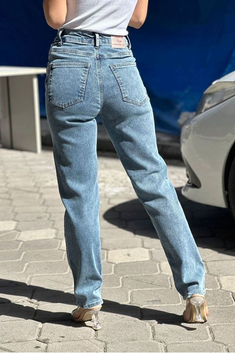 Yüksel Bel Likralı Taşlamalı Mom Jean-Açık Mavi