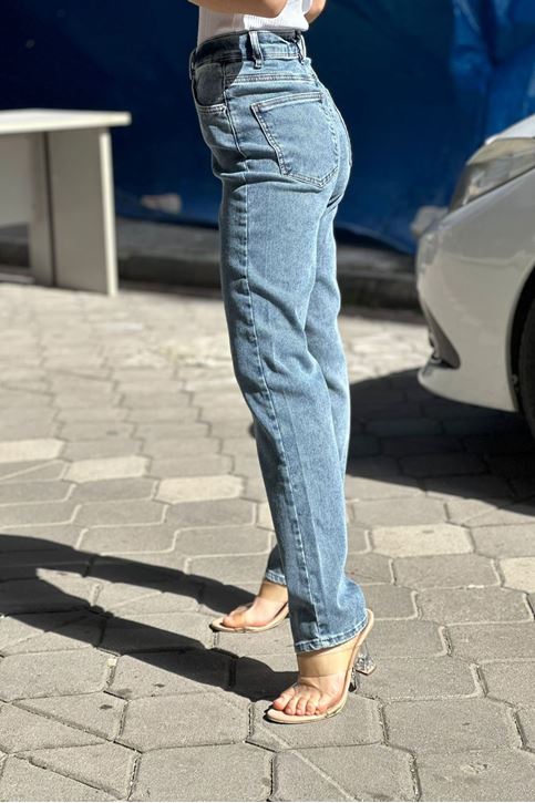 Yüksel Bel Likralı Taşlamalı Mom Jean-Açık Mavi