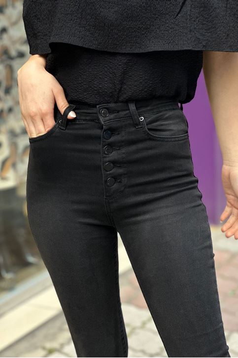 Beş Düğmeli Likralı Yüksek Bel Pantolon-Füme