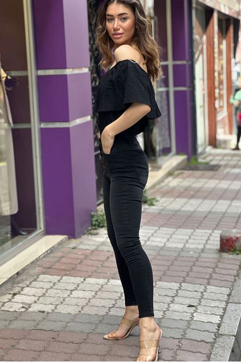 Beş Düğmeli Likralı Yüksek Bel Pantolon-Füme