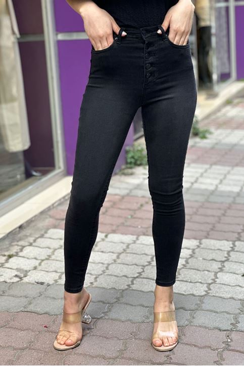 Beş Düğmeli Likralı Yüksek Bel Pantolon-Füme