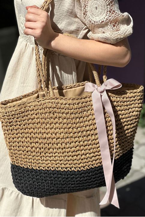 Çift Renkli Kurdale Detaylı Hasır Çanta-Siyah