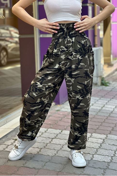 Bel Kalın korse Lastikli Cepli Şalvar Pantolon-Kamuflaj