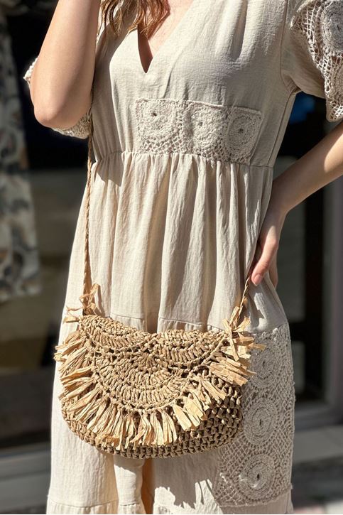 Zarf Püskül Detaylı Uzun Askılı Çanta-Vizon