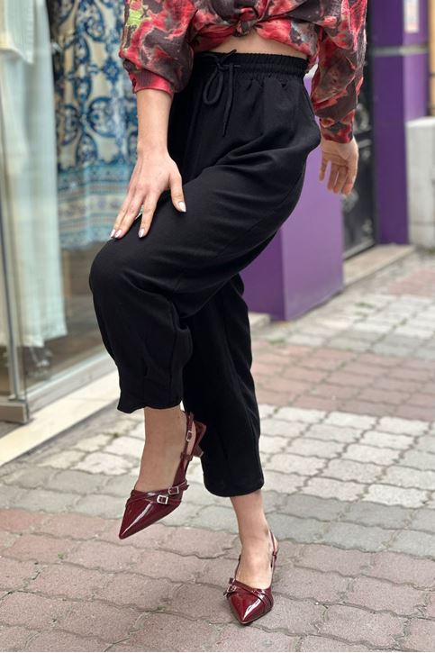 Bel Lastikli Paçası Pensli Keten Salaş Pantolon-Siyah