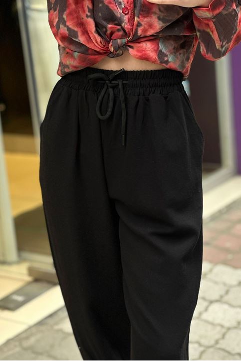 Bel Lastikli Paçası Pensli Keten Salaş Pantolon-Siyah