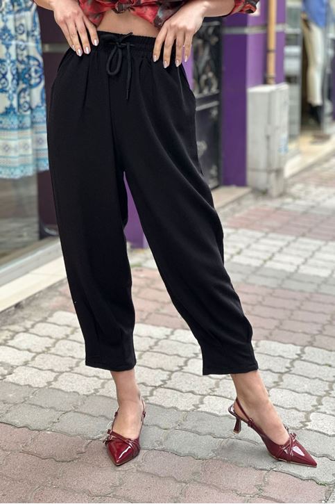 Bel Lastikli Paçası Pensli Keten Salaş Pantolon-Siyah