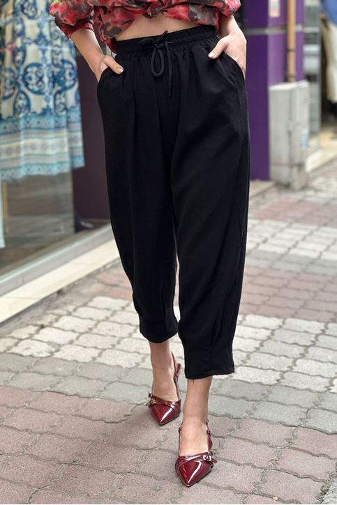 Bel Lastikli Paçası Pensli Keten Salaş Pantolon-Siyah