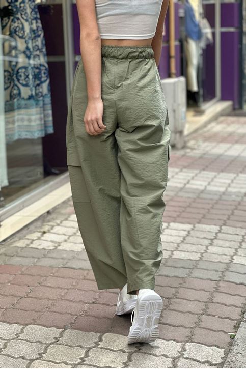 Kargo Cepli Bol Paça Keten Pantolon-Haki