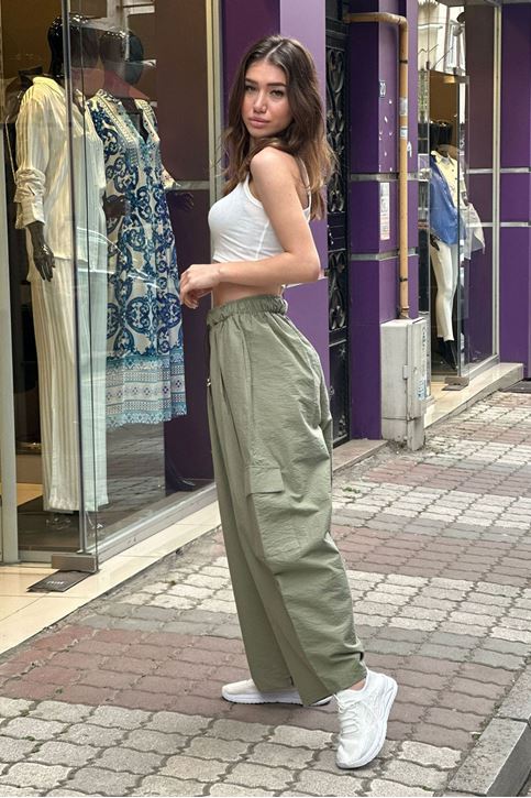 Kargo Cepli Bol Paça Keten Pantolon-Haki