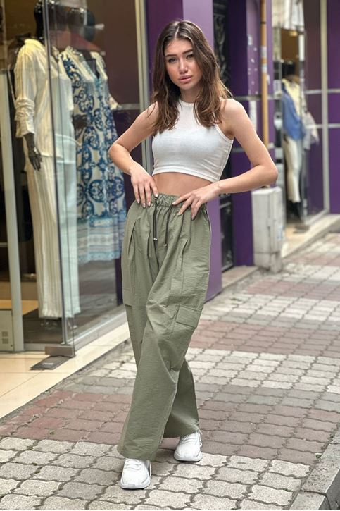 Kargo Cepli Bol Paça Keten Pantolon-Haki