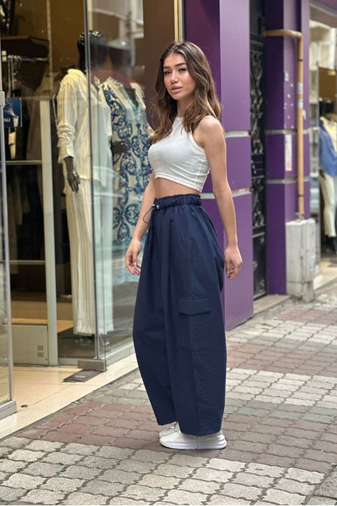 Kargo Cepli Bol Paça Keten Pantolon-Lacivert