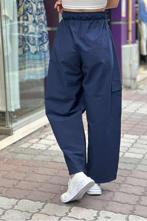 Kargo Cepli Bol Paça Keten Pantolon-Lacivert