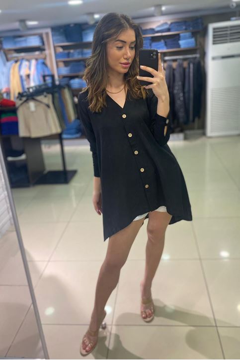 Derin V Yaka Düğmeli Salaş Keten Bluz-Siyah