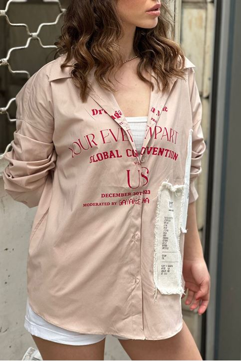 Keten Yamalı Yazı Baskılı Salaş Gömlek-Vizon