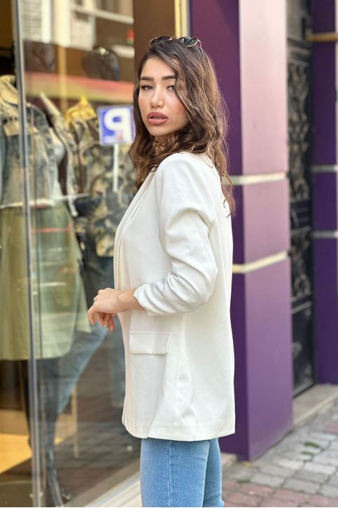 Kol Büzgülü İçi Astarlı Blazer Ceket-Beyaz