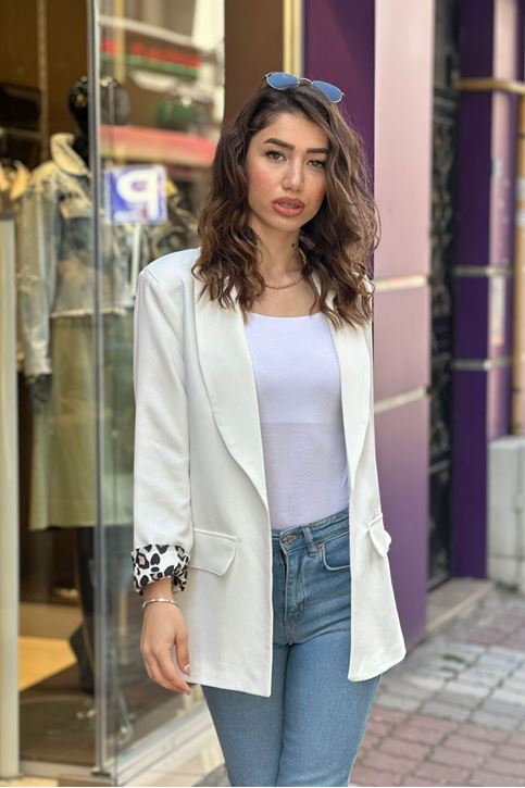 İç Astarı Leopar Blazer Ceket-Beyaz