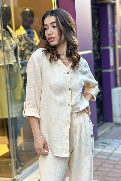 Yan Düğmeli Müslin Doku Salaş İkili Takım-Krem